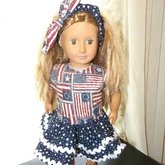 Red White Blue Doll Dress and Head Band for 18 inch Dolls Hand Crafted - Picture 6 of 16